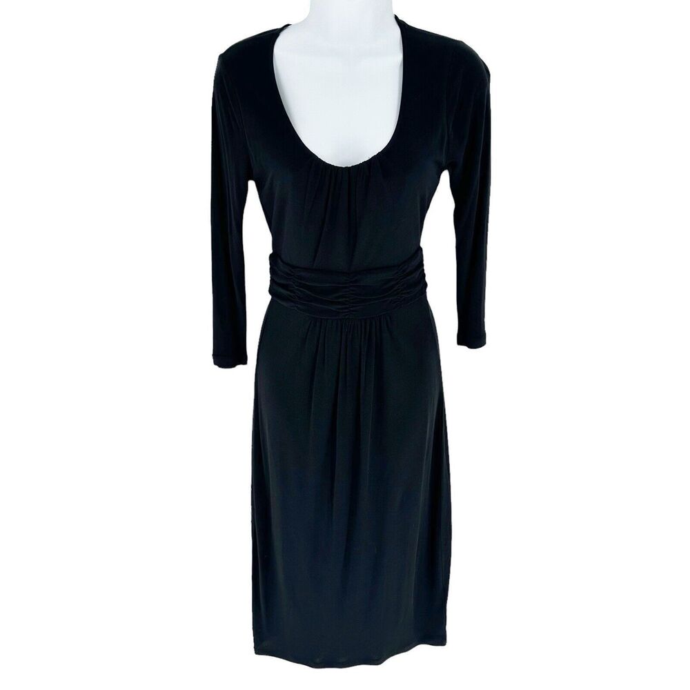 Boden Dress Womens 4 Long Black Midi 3/4 Sleeve Jersey Knit Soft Ruched Waist